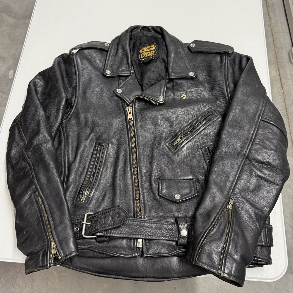 Highway One Leather Biker Jacket Mens Large Black Good Asymmetrical Zip Belted